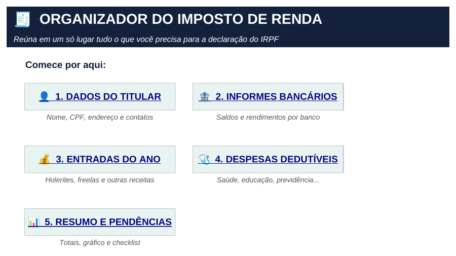 Menu do Organizador do Imposto de Renda no Excel